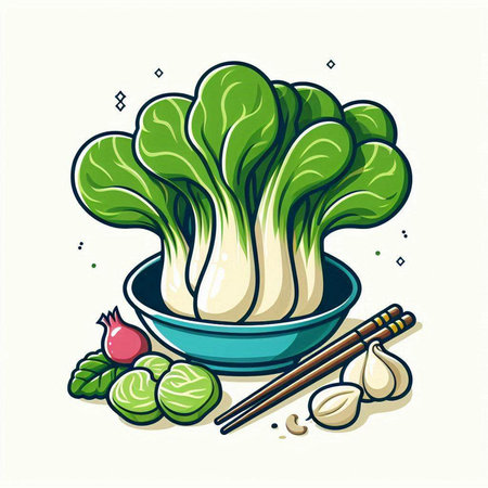 Bok choy vegetable in bowl with chopsticks vector illustration.のイラスト素材