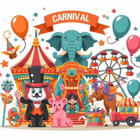 Circus carnival poster with animals and carousels vector illustrationのイラスト素材
