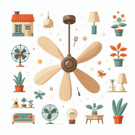 Ceiling fan, fan, flowerpot, lamp and house. Vector illustrationのイラスト素材