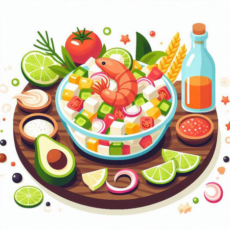 Illustration of a bowl of salad with shrimp, avocado and limeのイラスト素材