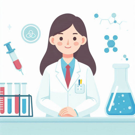 Illustration of a female scientist in a laboratory. Vector illustration.のイラスト素材