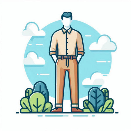 Vector illustration of a man standing in the park. Flat style.のイラスト素材