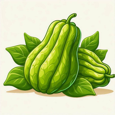 Illustration of fresh green bell pepper with leaves on a white backgroundのイラスト素材