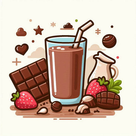 Illustration of a glass of chocolate smoothie with milk and strawberriesのイラスト素材