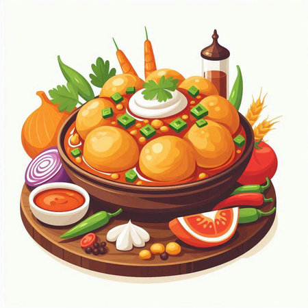 Indian cuisine vector illustration. Traditional indian dish in a bowl.のイラスト素材