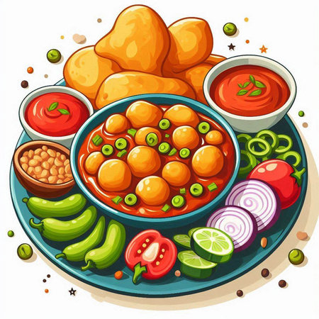 Vector illustration of nachos with tomato sauce, chili pepper and onionのイラスト素材