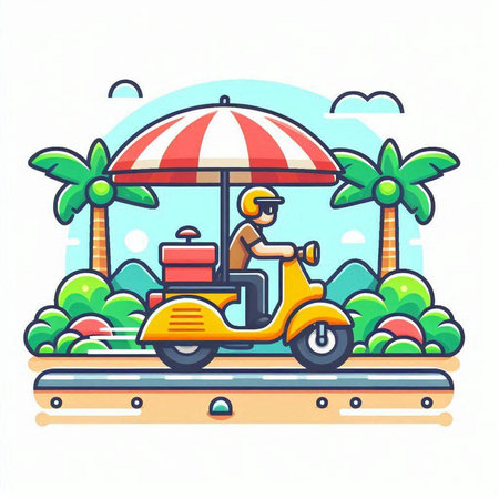 Colorful vector illustration of a man driving a scooter on the road.のイラスト素材