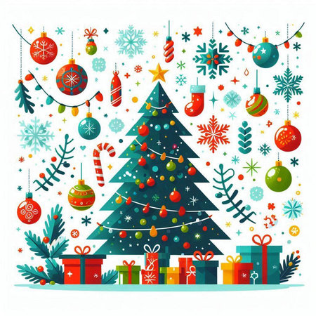 Christmas tree with presents and ornaments. Vector flat illustration.のイラスト素材