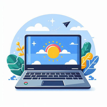 Laptop with sun and clouds on the screen. Vector illustration.のイラスト素材