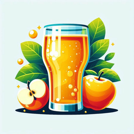 Apple juice in a glass with apples and leaves. Vector illustration.のイラスト素材