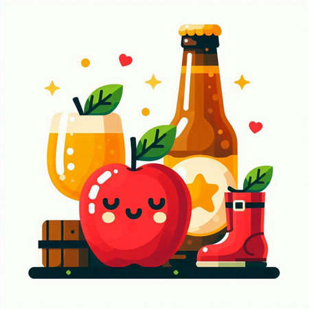 Cute vector illustration of a bottle of beer, apple and bootsのイラスト素材