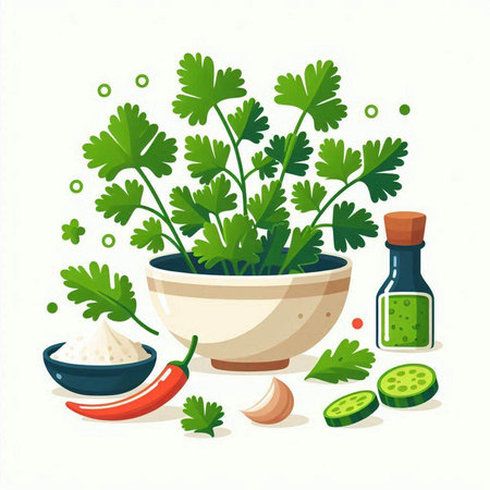 Parsley in a bowl with spices and herbs. Vector illustration.のイラスト素材