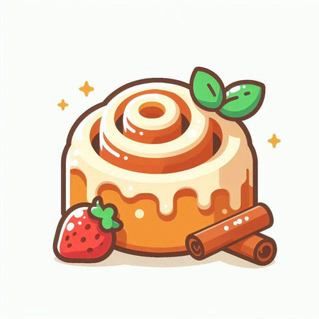 Cinnamon roll with strawberry and mint. Vector illustration of sweet dessert.のイラスト素材