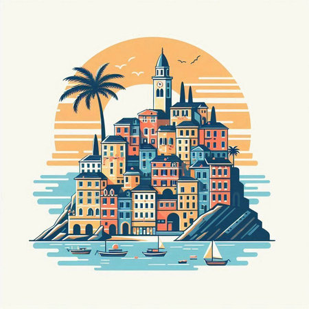 Vernazza is a small town in the province of La Spezia, Liguria, Italy. Colorful vector illustration in vintage style.のイラスト素材