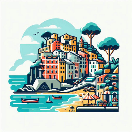 Vernazza, Cinque Terre, Liguria, Italy, colorful vector illustrationのイラスト素材