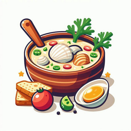 Soup with vegetables and eggs in wooden bowl. Vector illustration.のイラスト素材