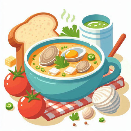 Tomato soup with egg, parsley and bread. Vector illustration.のイラスト素材
