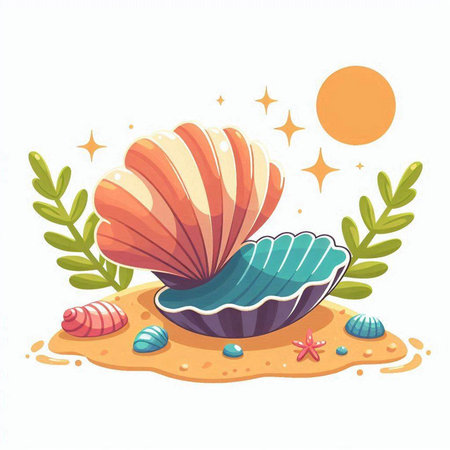 Seashells on the sand. Vector illustration in flat styleのイラスト素材