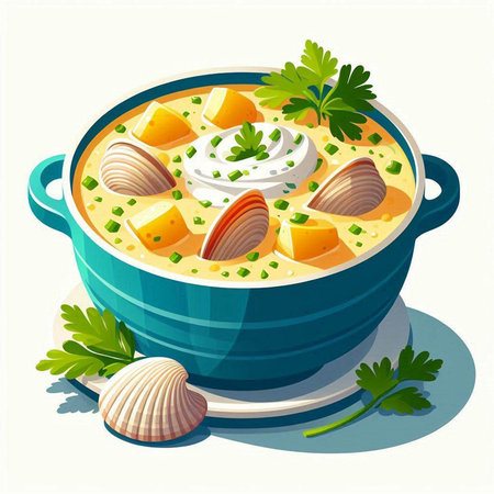 Illustration of a bowl of soup with clams and parsleyのイラスト素材