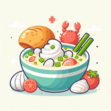 Illustration of a bowl of soup with crab and vegetables. Vector illustration.のイラスト素材