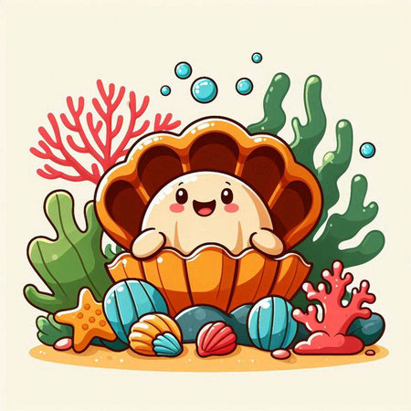 Illustration of a Cute Sea Shell with Coral Reef and Marine Plantsのイラスト素材