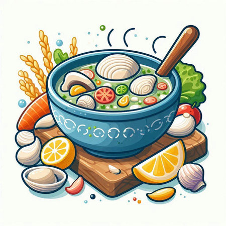 Illustration of a bowl of soup with fish and vegetables on a white backgroundのイラスト素材