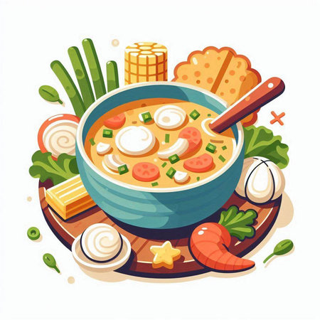 Cartoon vector illustration of soup with vegetables and meat in bowl.のイラスト素材