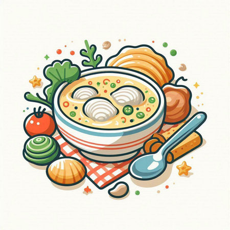 Bowl of soup with dumplings and vegetables. Vector illustration.のイラスト素材