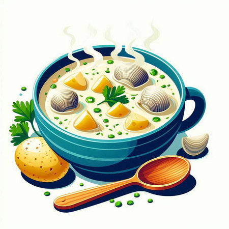 Illustration of a bowl of soup with dumplings and potatoesのイラスト素材