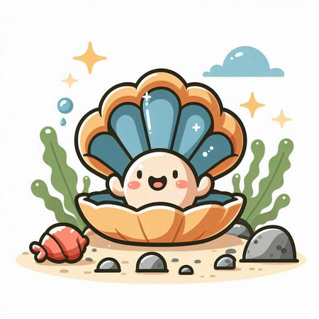 Cute cartoon seashell on the beach. Vector illustration of a sea shell.のイラスト素材