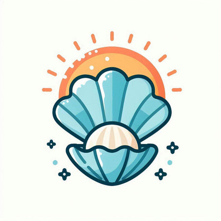 Sea shell and sun. Vector illustration in doodle style.のイラスト素材