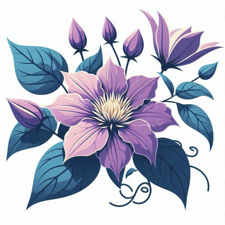 Beautiful vector illustration of a purple clematis with leaves.のイラスト素材
