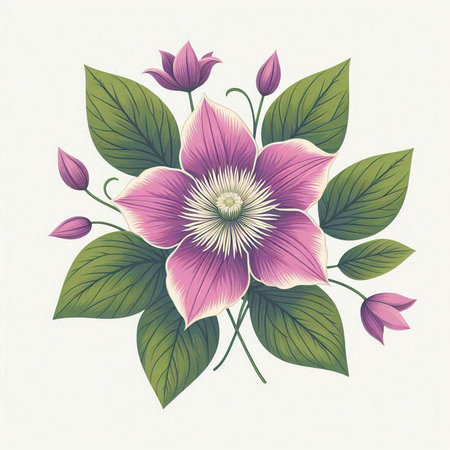 vector illustration of beautiful pink clematis with green leaves and budsのイラスト素材
