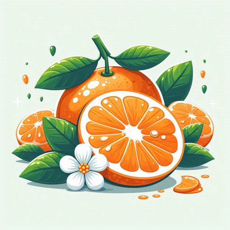 Orange fruit with leaves and flowers. Vector illustration of fresh orange.のイラスト素材