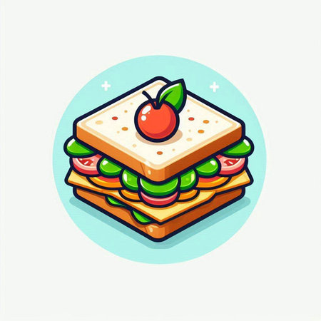 Sandwich icon. Vector illustration of a sandwich with cheese, tomato and cucumber.のイラスト素材
