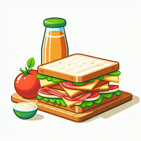 Sandwich with tomato and cheese on a white background. Vector illustrationのイラスト素材