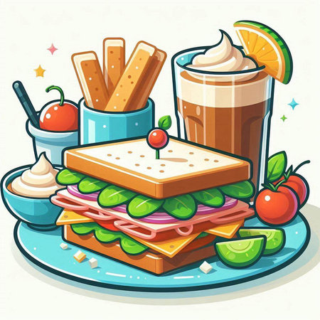 Illustration of a Vector Fast Food Sandwich with Cheese, Tomato, Lettuce, and Yogurtのイラスト素材