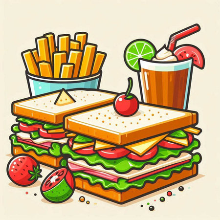Sandwiches and fries. Vector illustration of fast food sandwich.のイラスト素材