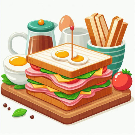 Sandwich with ham, cheese, tomatoes and eggs. Vector illustration.のイラスト素材