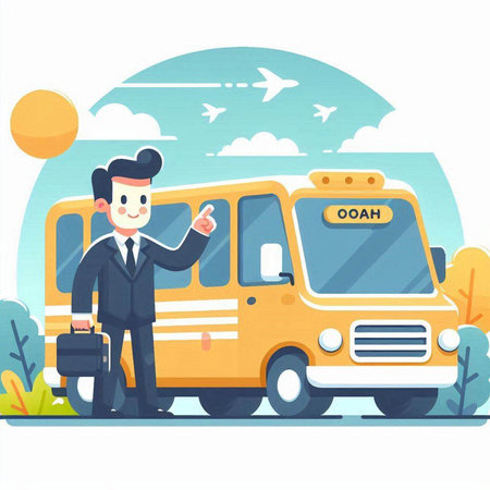 Businessman standing near yellow bus. Vector illustration in flat style.のイラスト素材