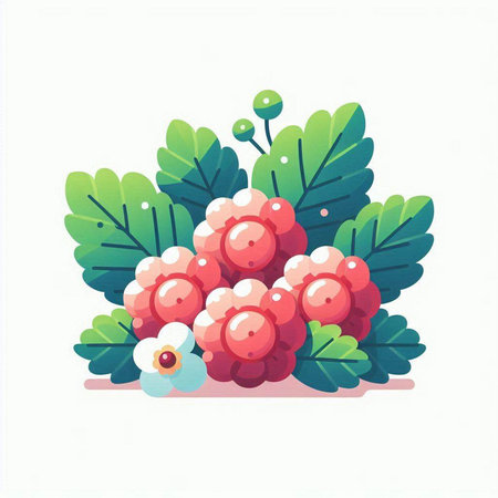 Bunch of red berries with green leaves and flowers. Vector illustration.のイラスト素材