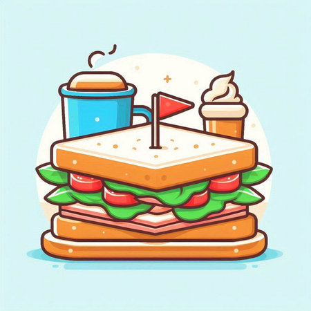 Sandwich with coffee and ice cream. Vector illustration in cartoon style.のイラスト素材