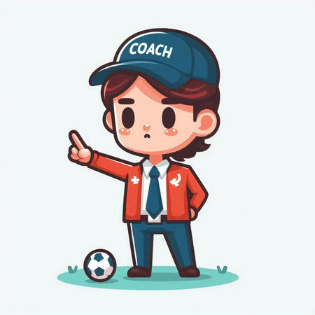 Cute boy soccer player in uniform holding ball and pointing up. Vector illustration.のイラスト素材