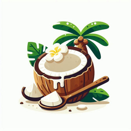 Coconut with palm leaves and coconut flakes. Vector illustration.のイラスト素材