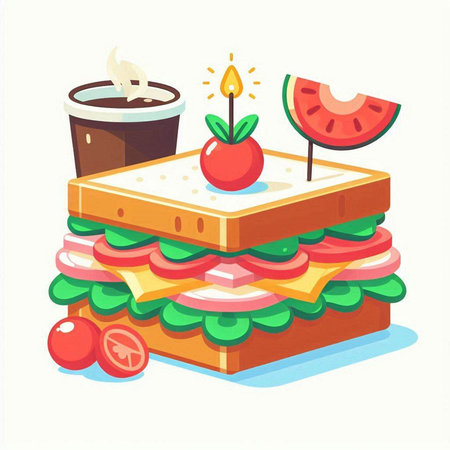 Sandwich with tomato, cheese, lettuce, ham, cucumber, cheese, tomato, hot chocolate. Vector illustration.のイラスト素材