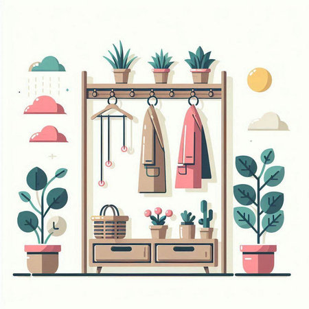 Furniture in modern flat style. Vector illustration of a hanger with different things.のイラスト素材