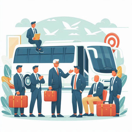 Businessmen with briefcases and bus. Vector illustration in flat styleのイラスト素材