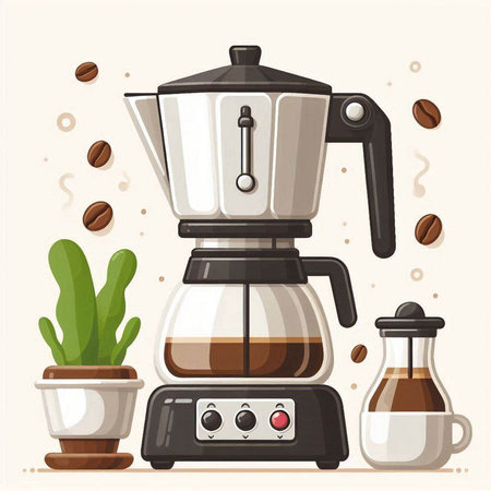 Coffee maker and coffee pot with coffee beans. Vector illustration.のイラスト素材