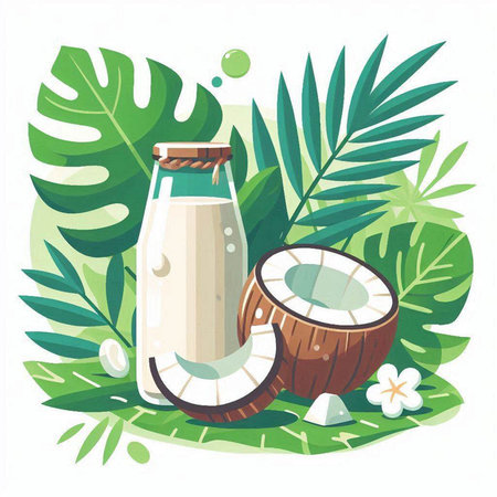 Coconut milk in a bottle and coconut on the background of palm leaves. Vector illustration.のイラスト素材