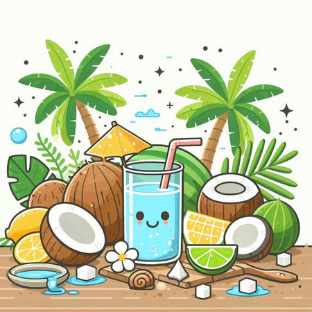 Coconut water and fresh fruits. Vector illustration in flat styleのイラスト素材